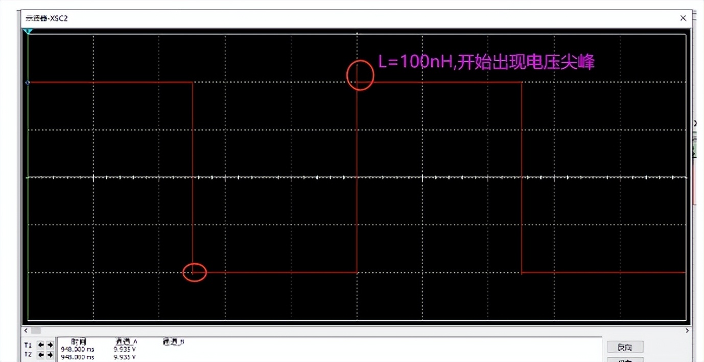 栅极寄生电感L1=100nH对尖峰电压的影响